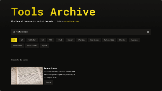 An example of a search result of the Tools Archives website